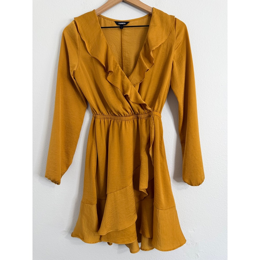 Express -‎ Golden Yellow Faux Wrap Silky Ruffle Dress Size XS